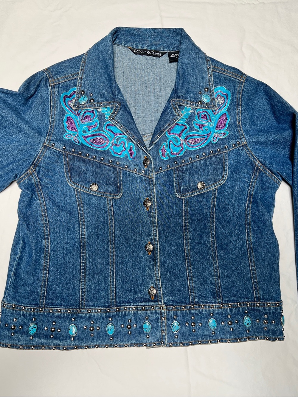 Gordon James Denim Jacket Large Western Studded Turquoise Embroidered Floral